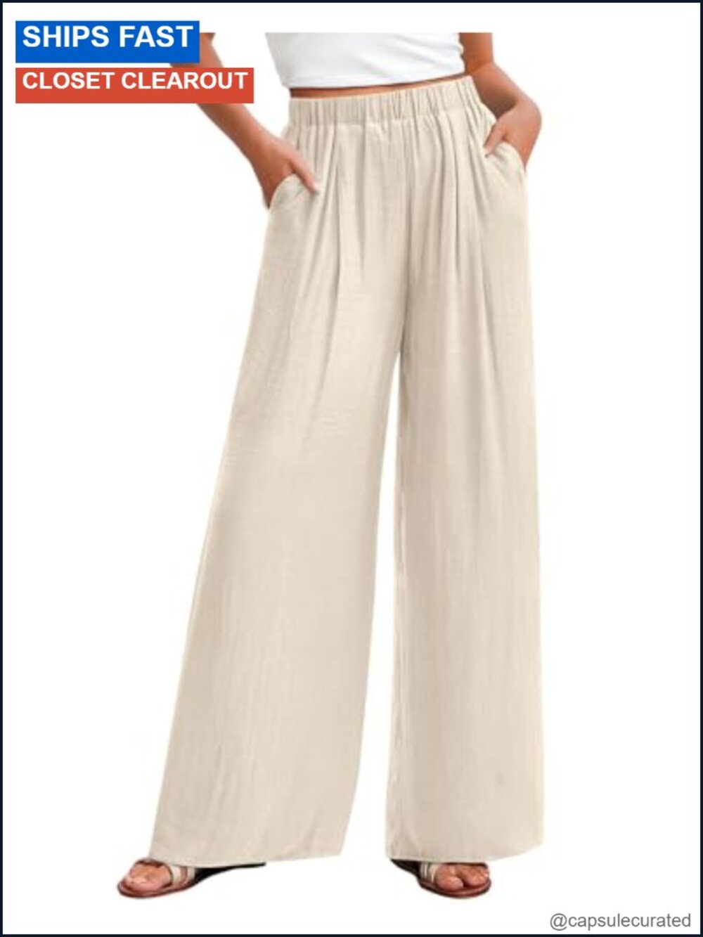 Wide Leg Palazzo Pants High Rise Elastic Waist Pull On Pleated Front Beach